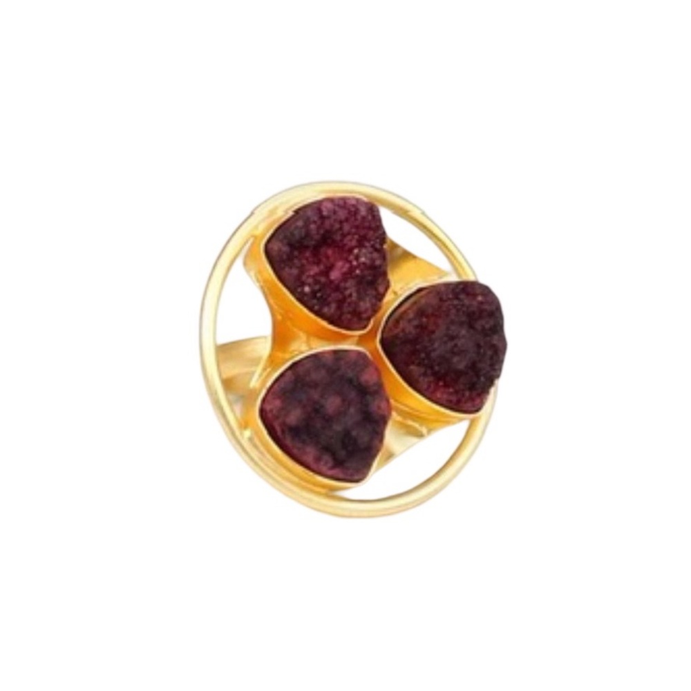 Gold Ring with Deep Purple Druzy Trio